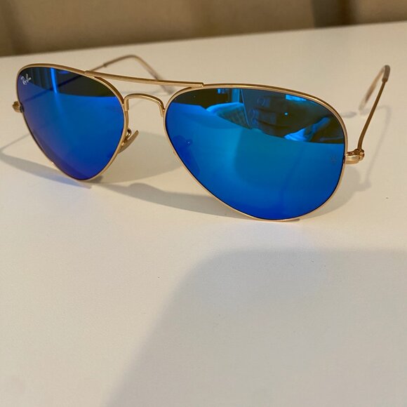 Ray-Ban Aviator Sunglasses Blue‎ Mirror Lens Gold Frame Made in Italy with case - Picture 6 of 16